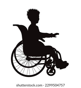 Vector silhouette of a child sitting in a wheelchair on a white background.