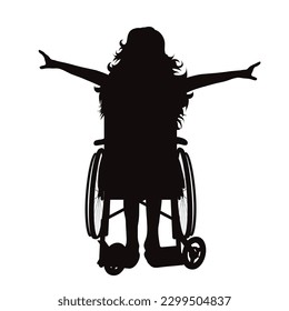 Vector silhouette of a child sitting in a wheelchair on a white background. Symbol of happy and healthy.