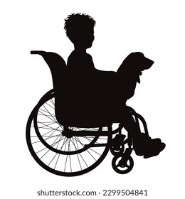 Vector silhouette of a child sitting in a wheelchair with his dog on a white background. Symbol of pet and lifestyle.