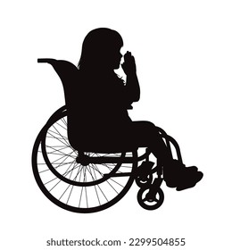Vector silhouette of a child sitting in a wheelchair and praying on a white background. Symbol of faith and God.