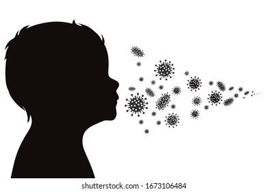Vector silhouette of child spreading bacteria on white background. Symbol of disease and coronavirus.