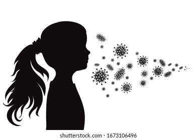 Vector silhouette of child spreading bacteria on white background. Symbol of disease and coronavirus.