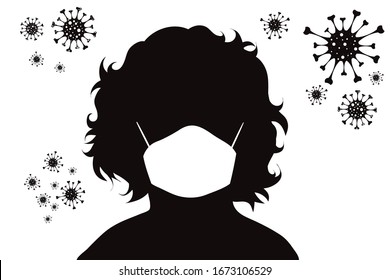 Silueta vectorial de niños que esparcen protección bacteriana por mascarilla médica sobre fondo blanco. Símbolo de enfermedad y coronavirus.