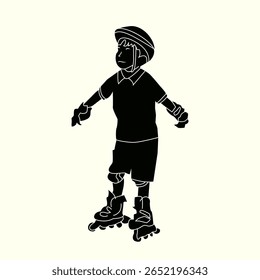 Vector silhouette of a child wearing full protective gear while learning to balance on inline roller skates. Great for themes of children's sports, outdoor activities, and balance training.