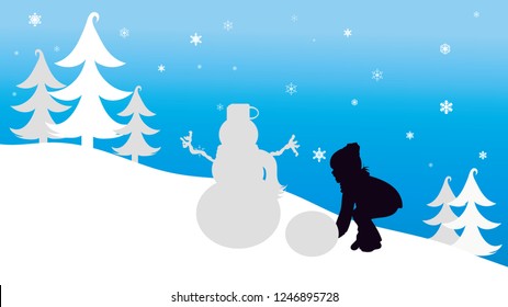 Vector silhouette of child who play with snow in the mountains in winter.
