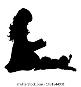 Vector silhouette of child who play with dog on white background. Symbol of friends and funny activities.