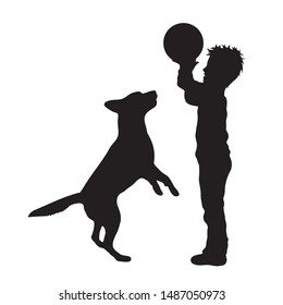 Vector silhouette of child who play with dog on white background. Symbol of friends, care, animal,boy.