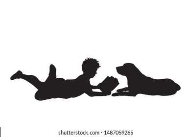 Vector silhouette of child who play with dog on white background. Symbol of friends, care, animal,boy,read.