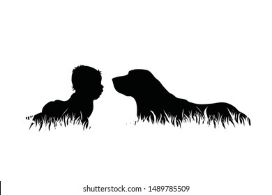 Vector silhouette of child who plays with dog in the grass on white background. Symbol of friends and funny activities,park.