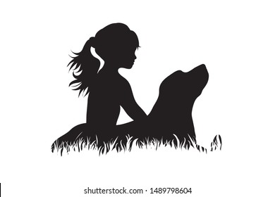 Vector silhouette of child who plays with dog in the grass on white background. Symbol of friends and funny activities,park.