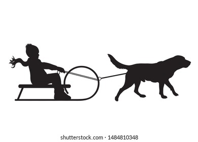 Vector silhouette of child who pulls dog on sledge on white background. Symbol of animal, pet, friends,winter, funny.