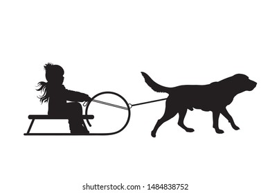 Vector silhouette of child who pulls dog on sledge on white background. Symbol of animal, pet, friends,winter, funny.