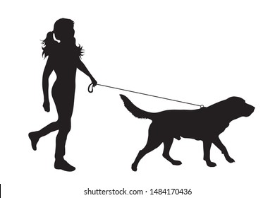 Vector silhouette of child who walk with her dog with leash on white background. Symbol of animal, pet, friends,walk.