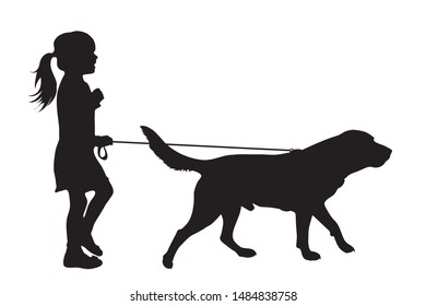 Vector silhouette of child who walk with her dog with leash on white background. Symbol of animal, pet, friends,walk.