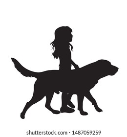 Vector silhouette of child who walk with dog on white background. Symbol of friends, care, animal,girl.