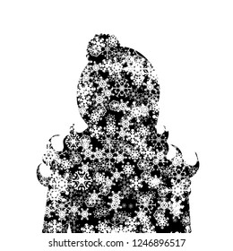 Vector silhouette of child with winter cap and snowflakes.