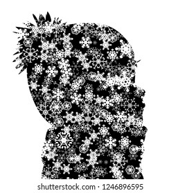 Vector silhouette of child with winter cap and snowflakes.