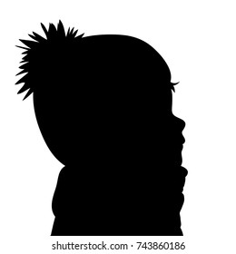 Vector silhouette of child in winter clothes on white background.