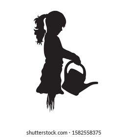 Vector silhouette of child work in the garden on white background. Symbol of girl, wet, grass, infant, childhood, nature, park, garden.