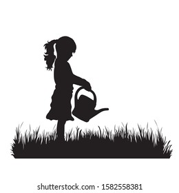 Vector silhouette of child work in the garden on white background. Symbol of girl, wet, grass, infant, childhood, nature, park, garden.