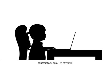 Vector silhouette of child work on computer.