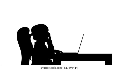 Vector silhouette of child work on computer.