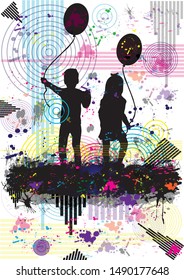 Vector silhouette of children, abstract background