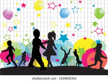 Vector silhouette of children, abstract background