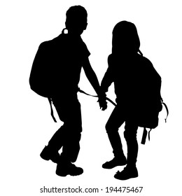 vector silhouette of children with backpack on white background.