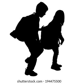 vector silhouette of children with backpack on white background.