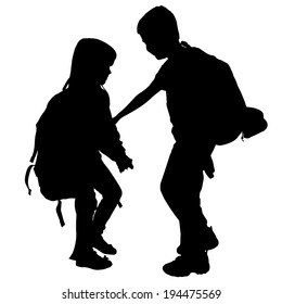 vector silhouette of children with backpack on white background.