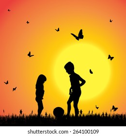 Vector silhouette of a children with butterflies.