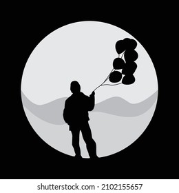 vector silhouette of children carrying balloons, children playing with balloons, balloons, alone