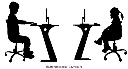 Vector silhouette of a children with a computer on white background.