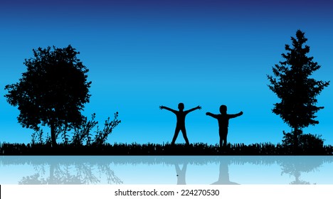 Vector silhouette of children in the countryside near a pond.