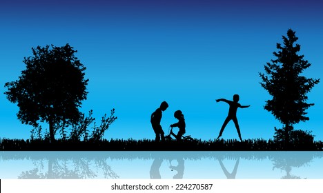 Vector silhouette of children in the countryside near a pond.