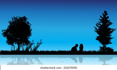 Vector silhouette of children in the countryside near a pond.