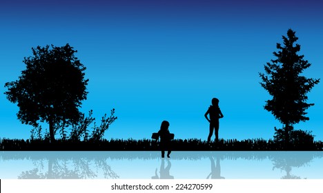 Vector silhouette of children in the countryside near a pond.