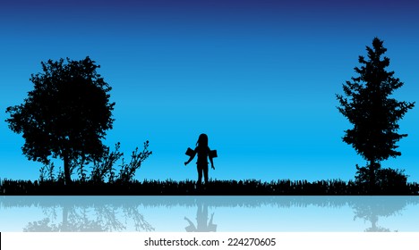 Vector silhouette of children in the countryside near a pond.