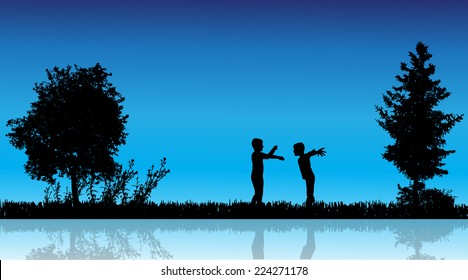 Vector silhouette of children in the countryside near a pond.