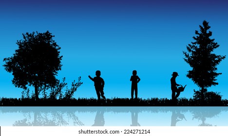 Vector silhouette of children in the countryside near a pond.
