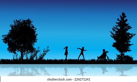 Vector Silhouette Of Children In The Countryside Near A Pond.