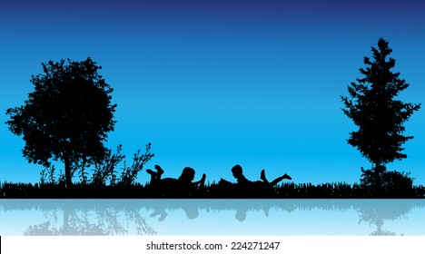 Vector silhouette of children in the countryside near a pond.