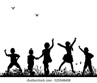 vector silhouette of children dancing and jumping
