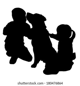 Vector silhouette of a children with a dog.