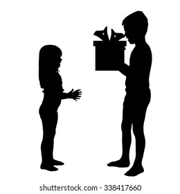 Vektorsilhouette eines Kindes mit einem Geschenk.
