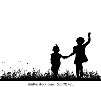 Vector, silhouette of children go hand in hand