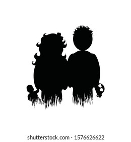 Vector silhouette of children in the grass on white background. Symbol of girl, boy, people, school, friends, nature, park, garden.