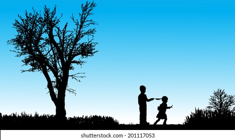 Vector silhouette of children in nature along the beautiful days.