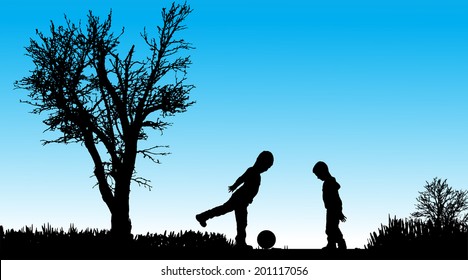Vector silhouette of children in nature along the beautiful days.
